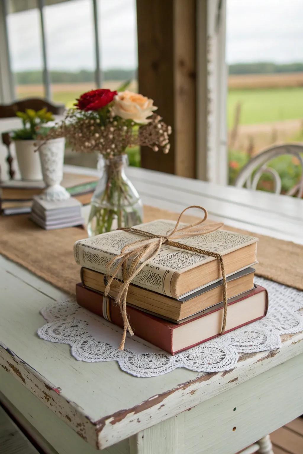 Books wrapped in twine and lace create a rustic, elegant effect.