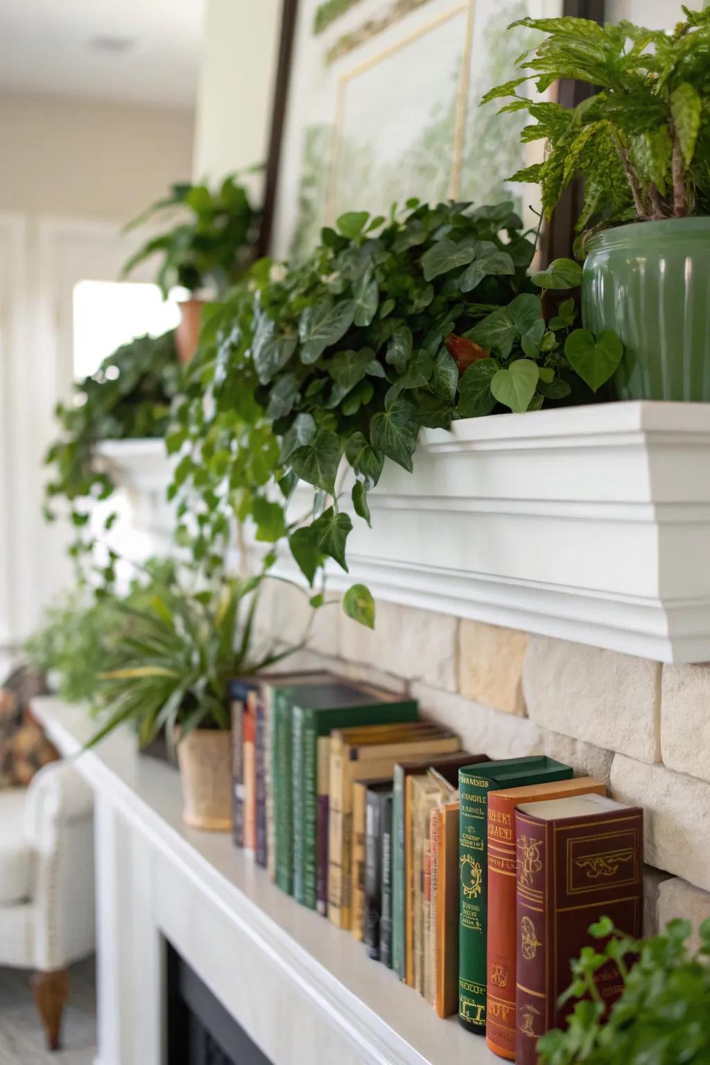 Greenery brings vibrancy to a book-themed mantel.