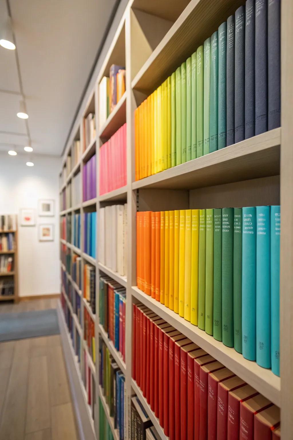 A lively spectrum of books forming a unified visual masterpiece.