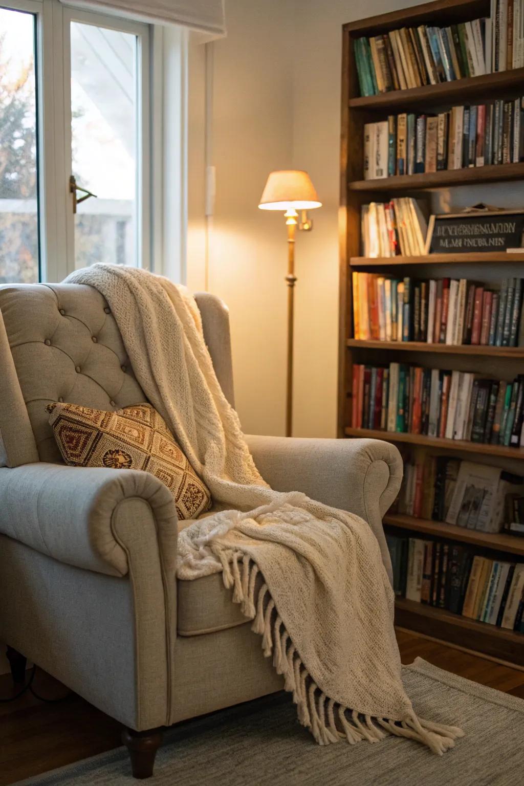 A relaxing reading sanctuary perfect for book enthusiasts.