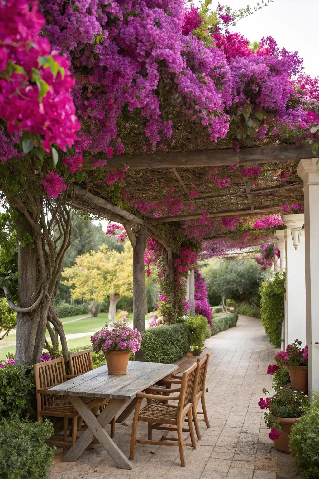 A pergola covered in bougainvillea creates a cozy outdoor hideaway.