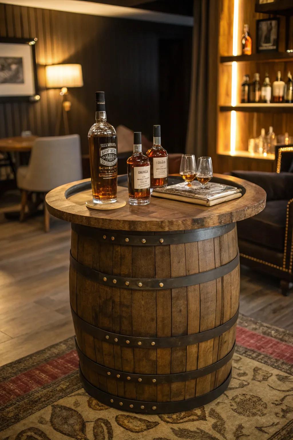 A barrel-shaped bistro set inserts distinctive character into your bourbon setup.