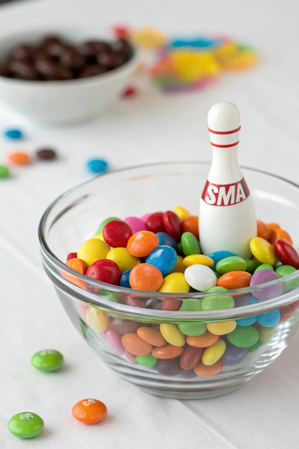 A delightful confectionery centerpiece featuring candies and a bowling pin.