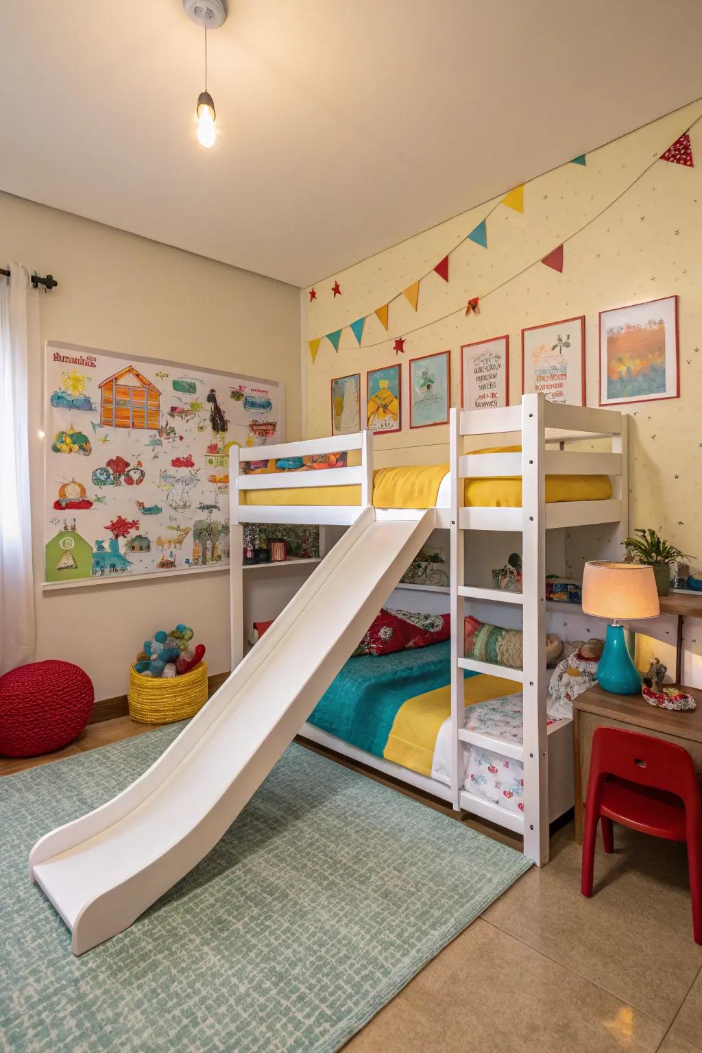 A sleeping tower with a slide adds a playful element to any shared area.