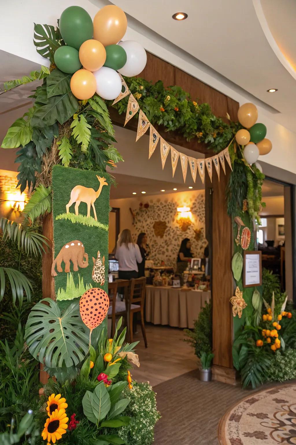 Safari-themed baby shower featuring lush greenery and playful animal decorations