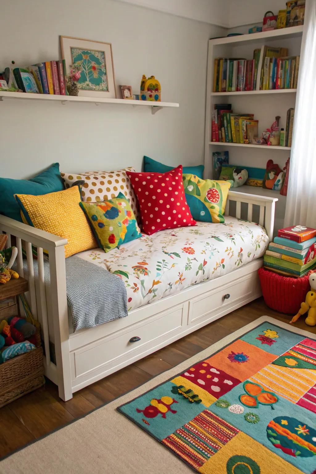 Design a comfortable getaway with a carefully arranged cushion arrangement.