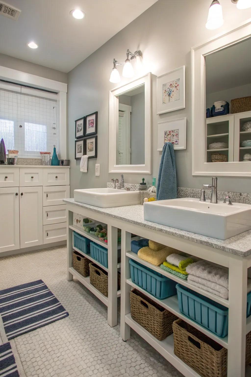 Practical dual sinks with child-height steps for a shared boys' bathroom.