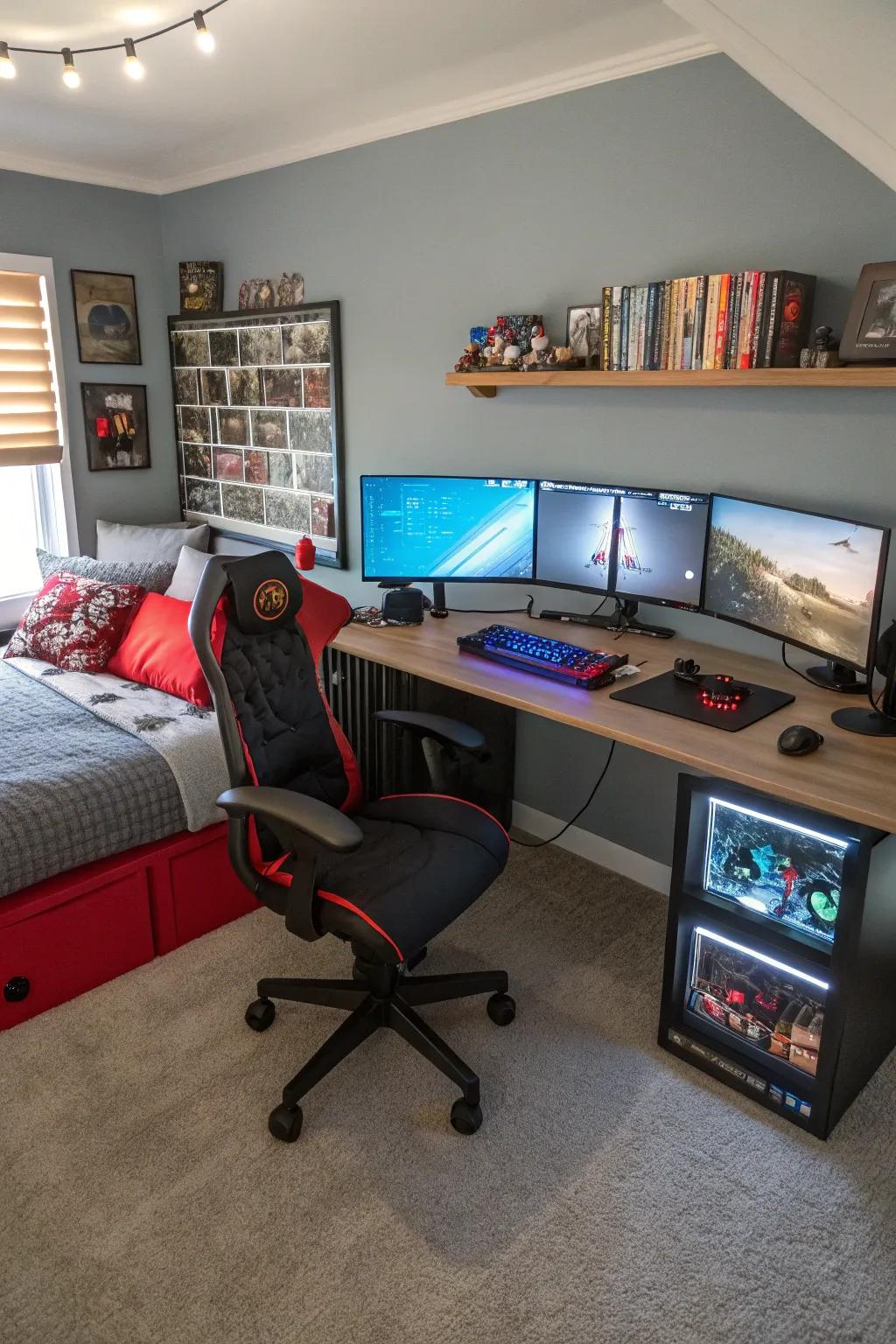 A multi-monitor arrangement delivers a wide, panoramic view for the ultimate gaming experience.