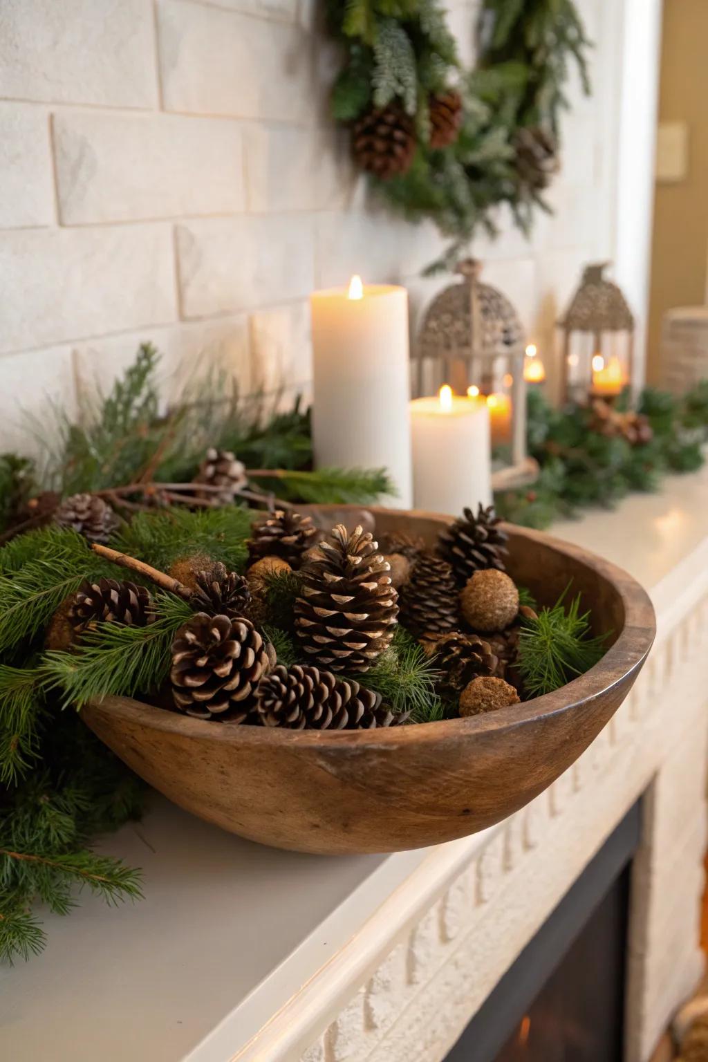 Winter warmth featuring fir cones and greenery
