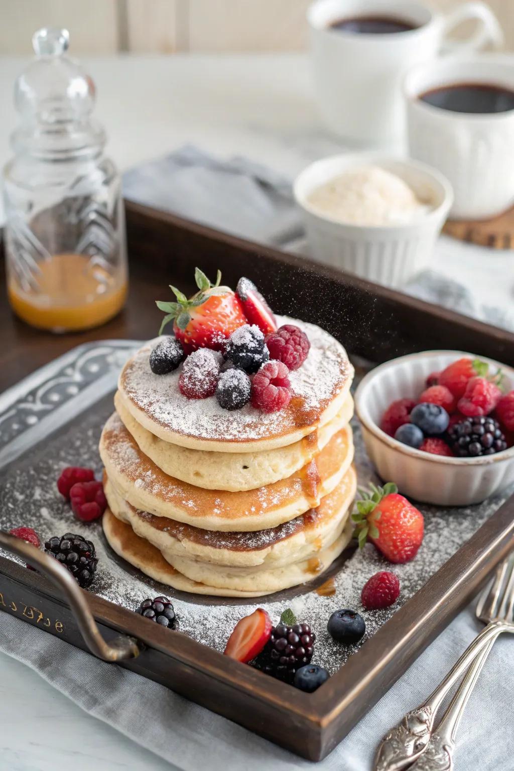 A berry pancake pile that is both scrumptious and worthy of sharing.