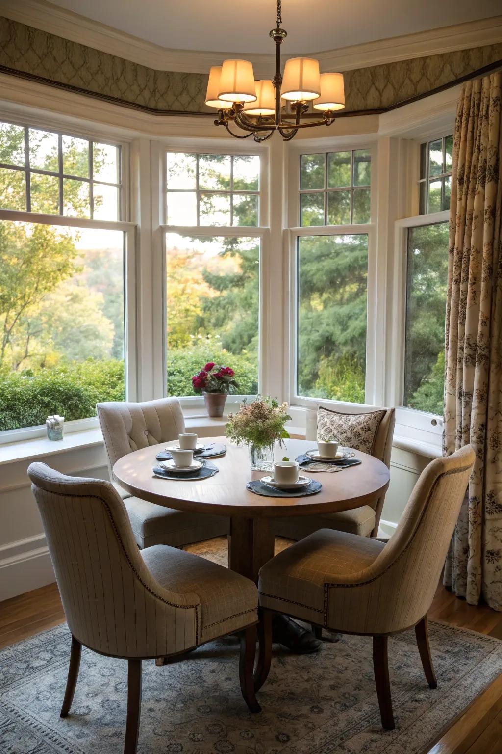 A round table makes for an inviting and friendly breakfast nook setting.