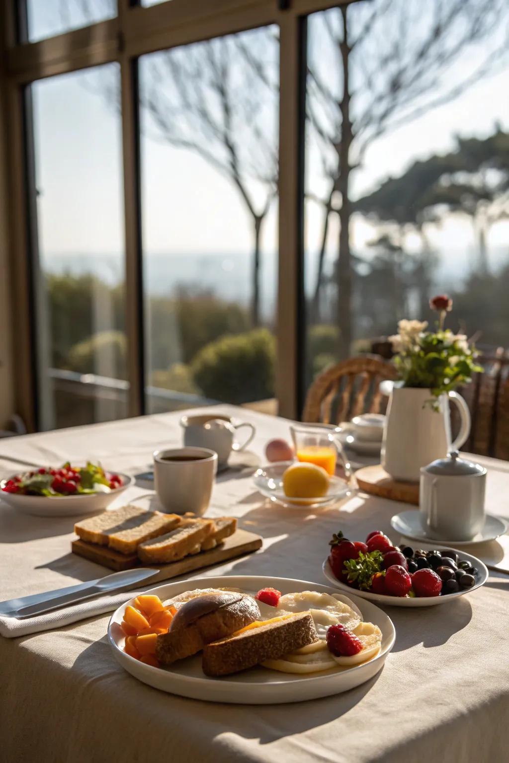 Sunlight brightening a breakfast table by the window.