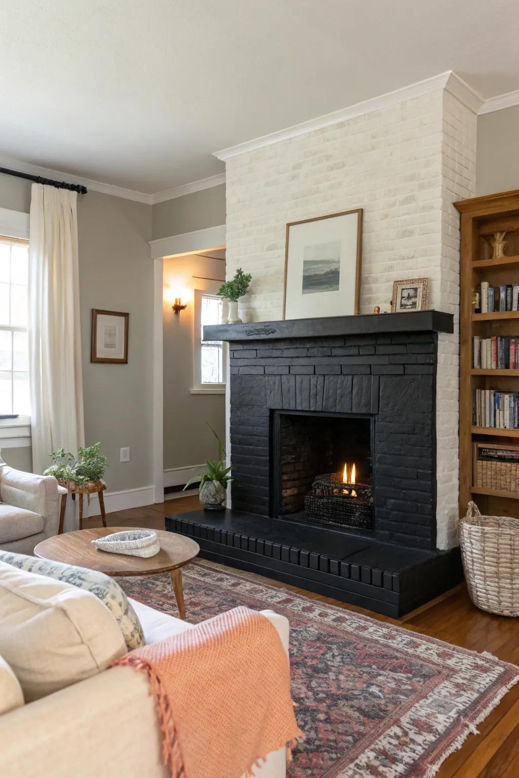 A striking black painted brick hearth that serves as a daring centerpiece.