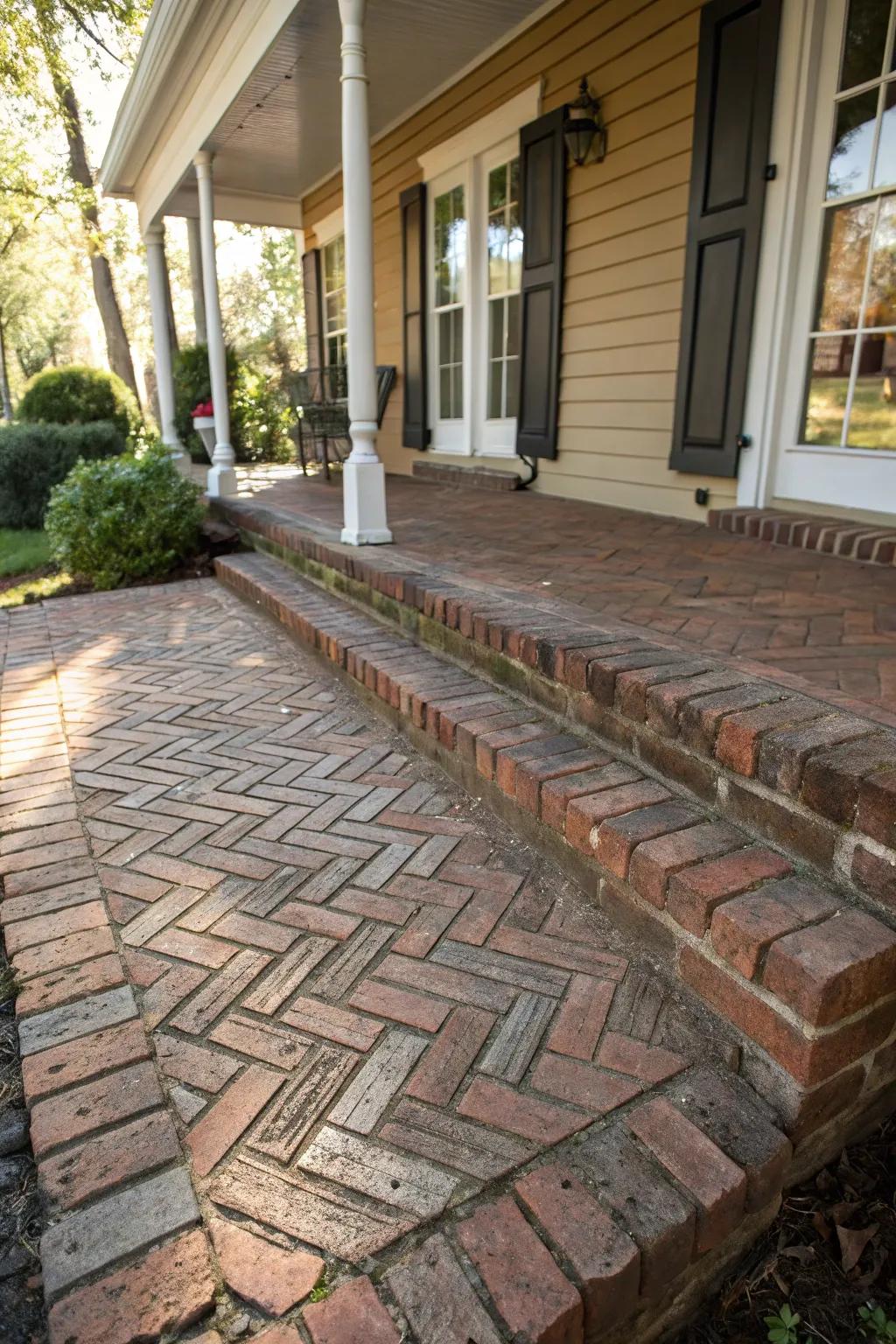 A visually striking herringbone brick pattern adds character to the porch.