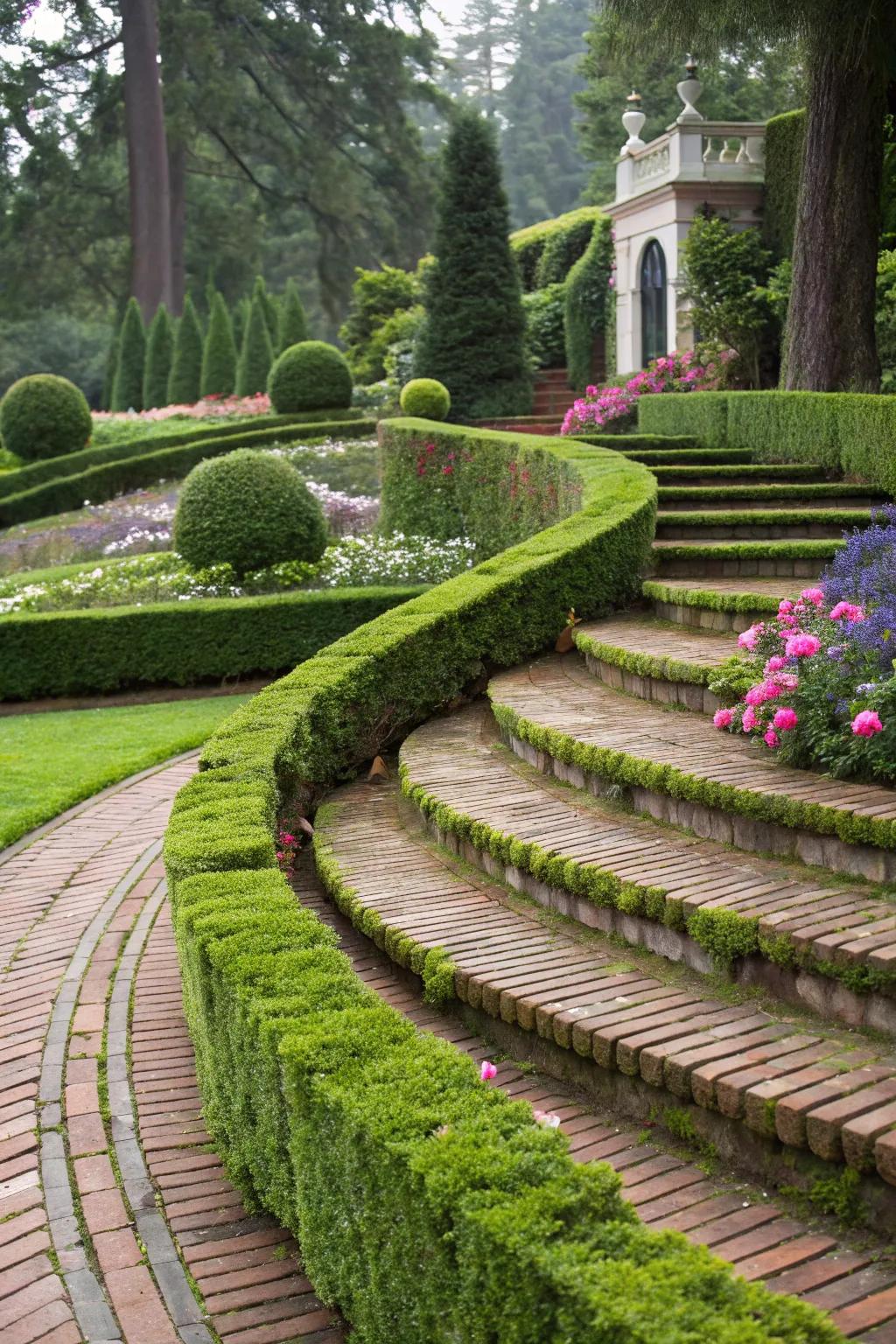 Curved brick steps injecting elegance into an open-air backdrop.