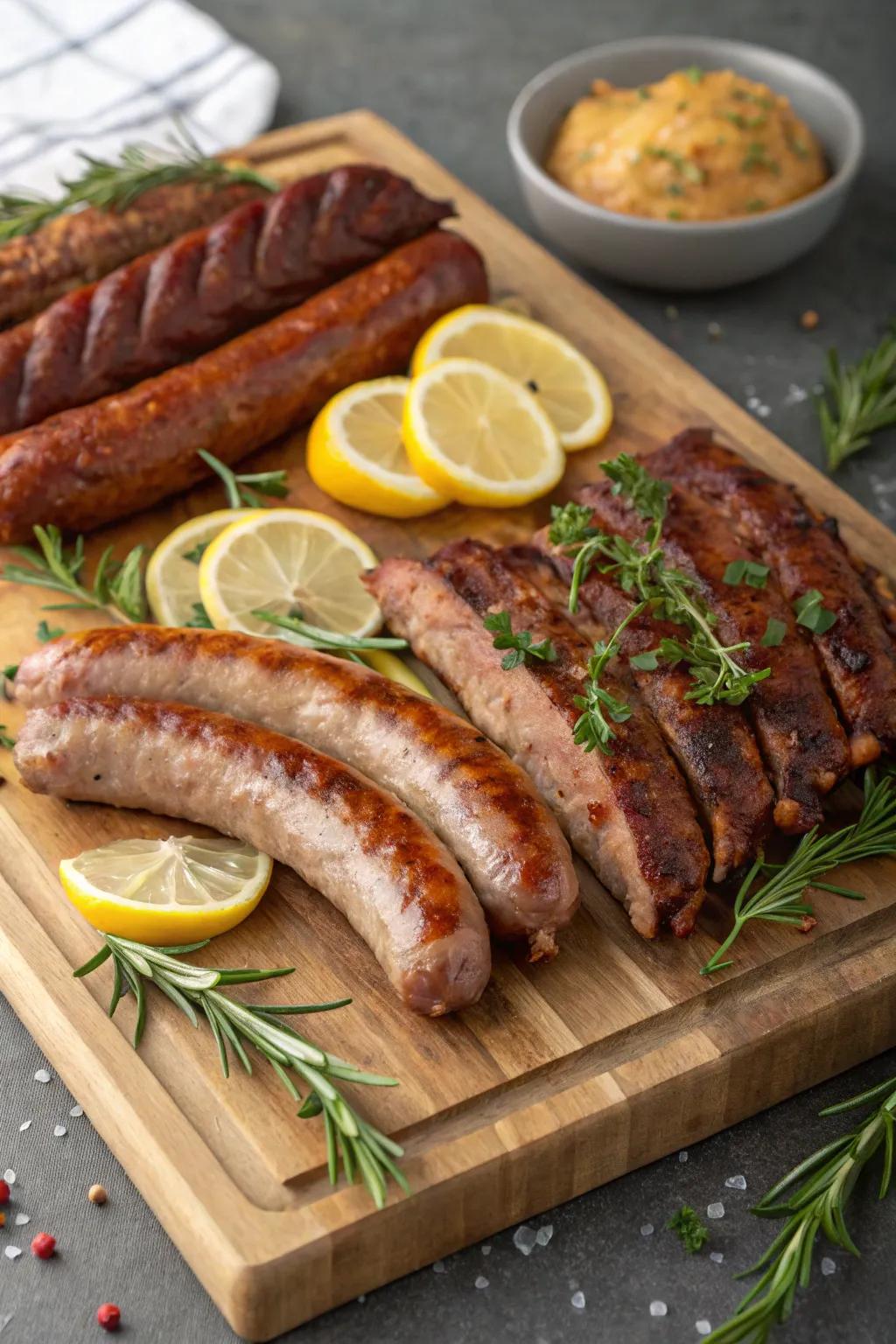 A tasty combination of smoked links and ribs to go with smokehouse meat.