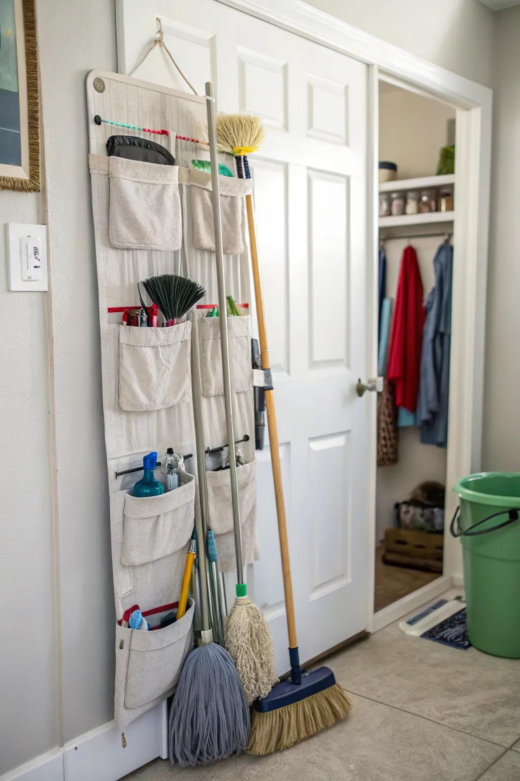 Over-the-door organizers provide tucked-away spots for cleaning tools.