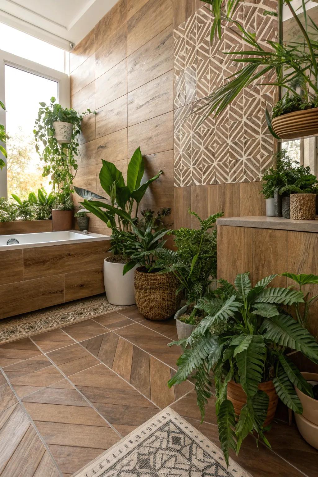 Bring the outdoors inside utilizing timber-styled tiles.