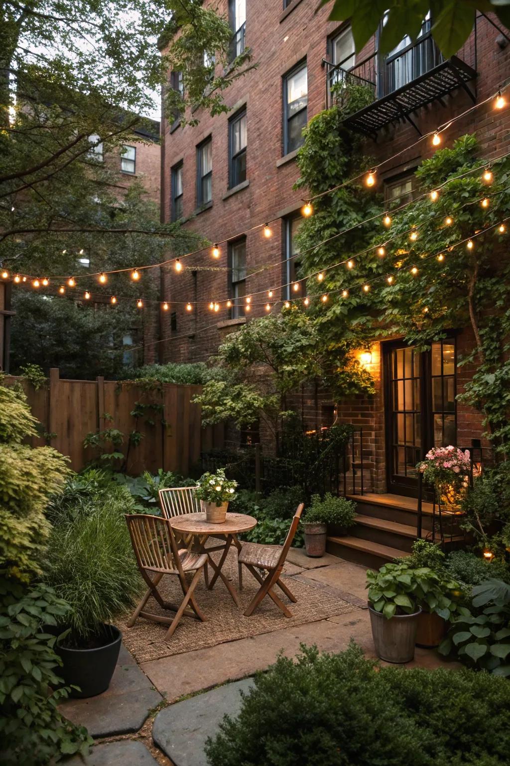 String lights lend a touch of magic to this comfy backyard.