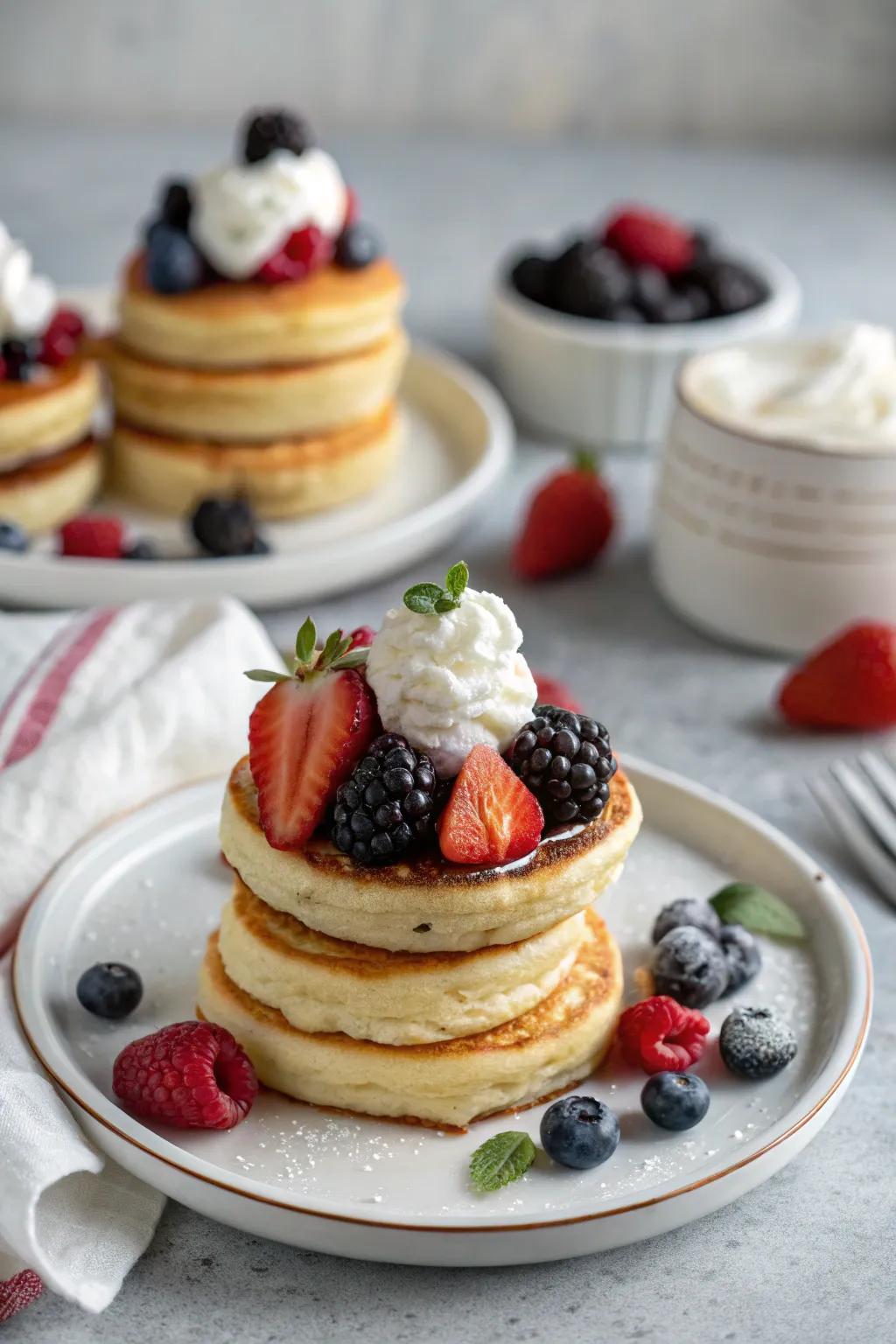 Delightful scaled-down flapjack stacks with blueberries and cream.