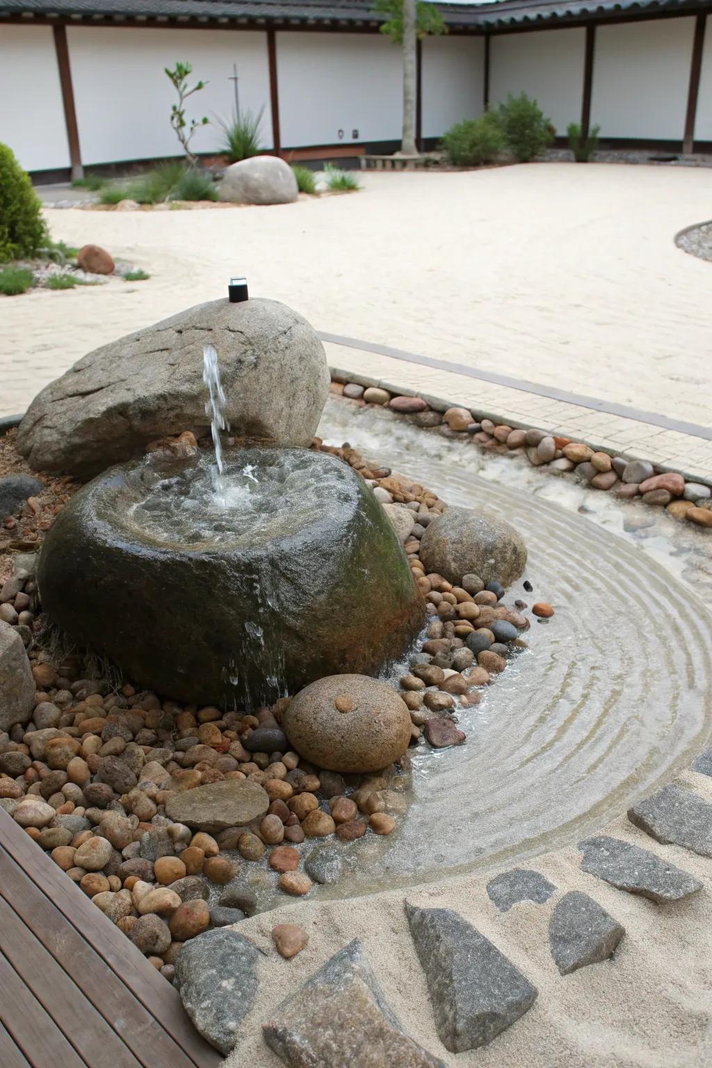A Zen garden fountain establishes a tranquil setting that encourages contemplation.