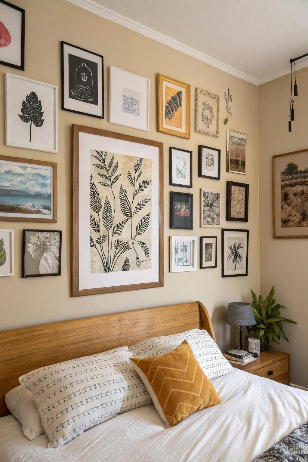 An array of affordable art prints adds unique character to the bedroom.