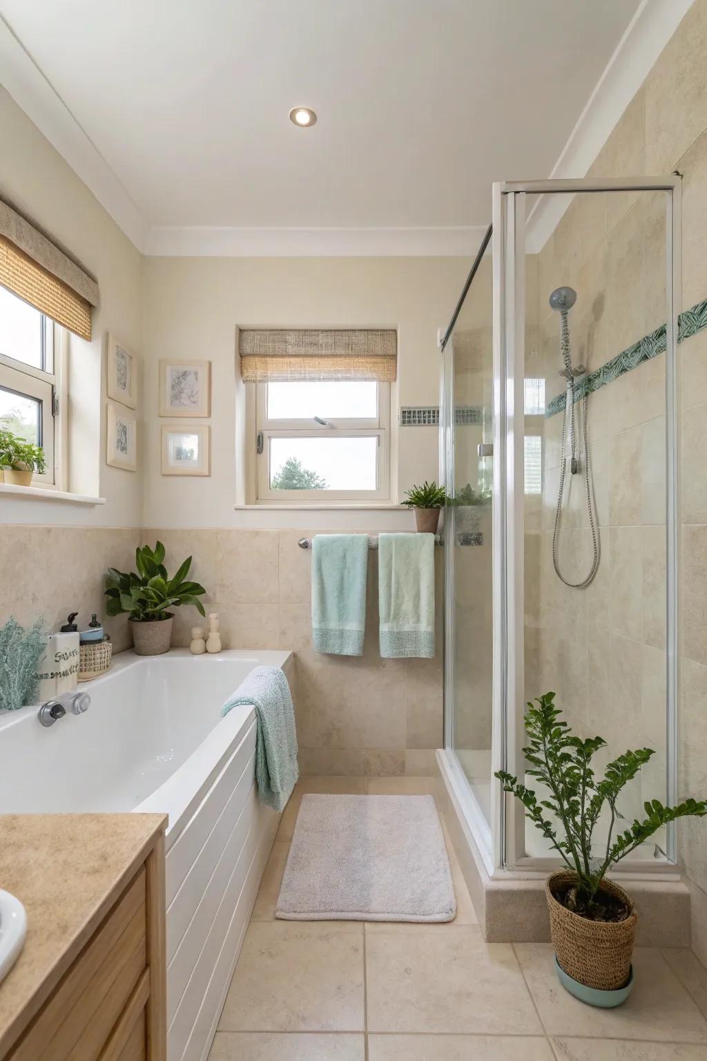 A light and breezy small bathroom is adorned with whites and pastel hues.