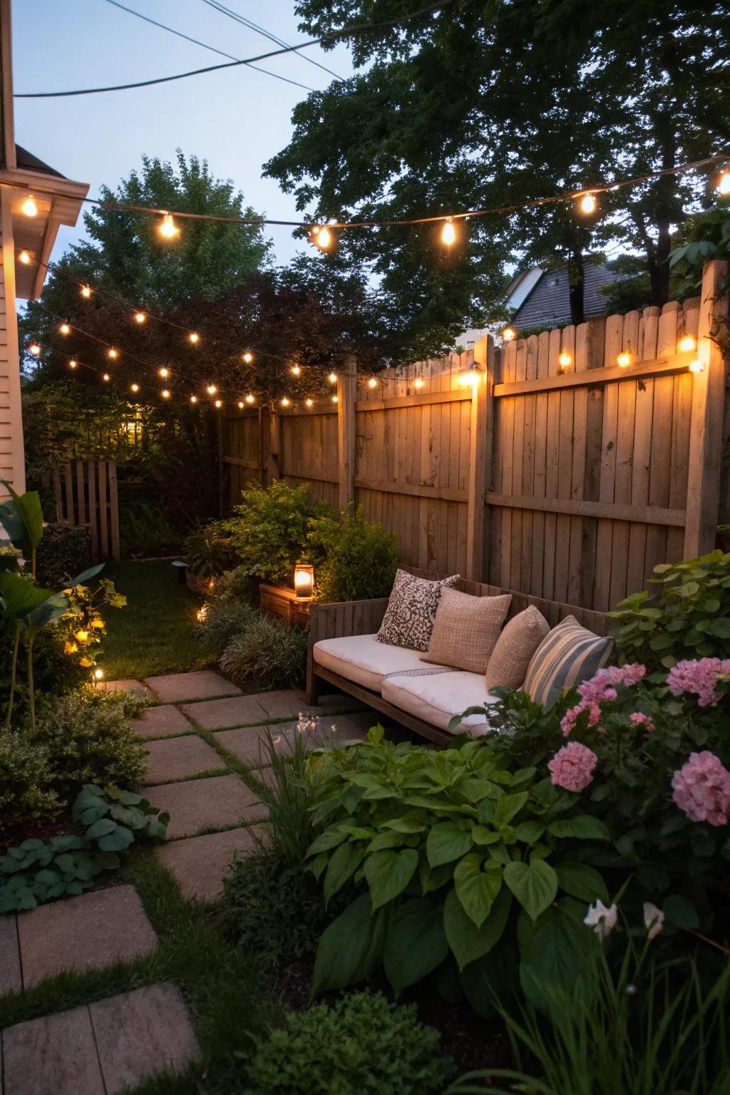 String lights enhance the ambiance of your garden, creating a warm and inviting space.