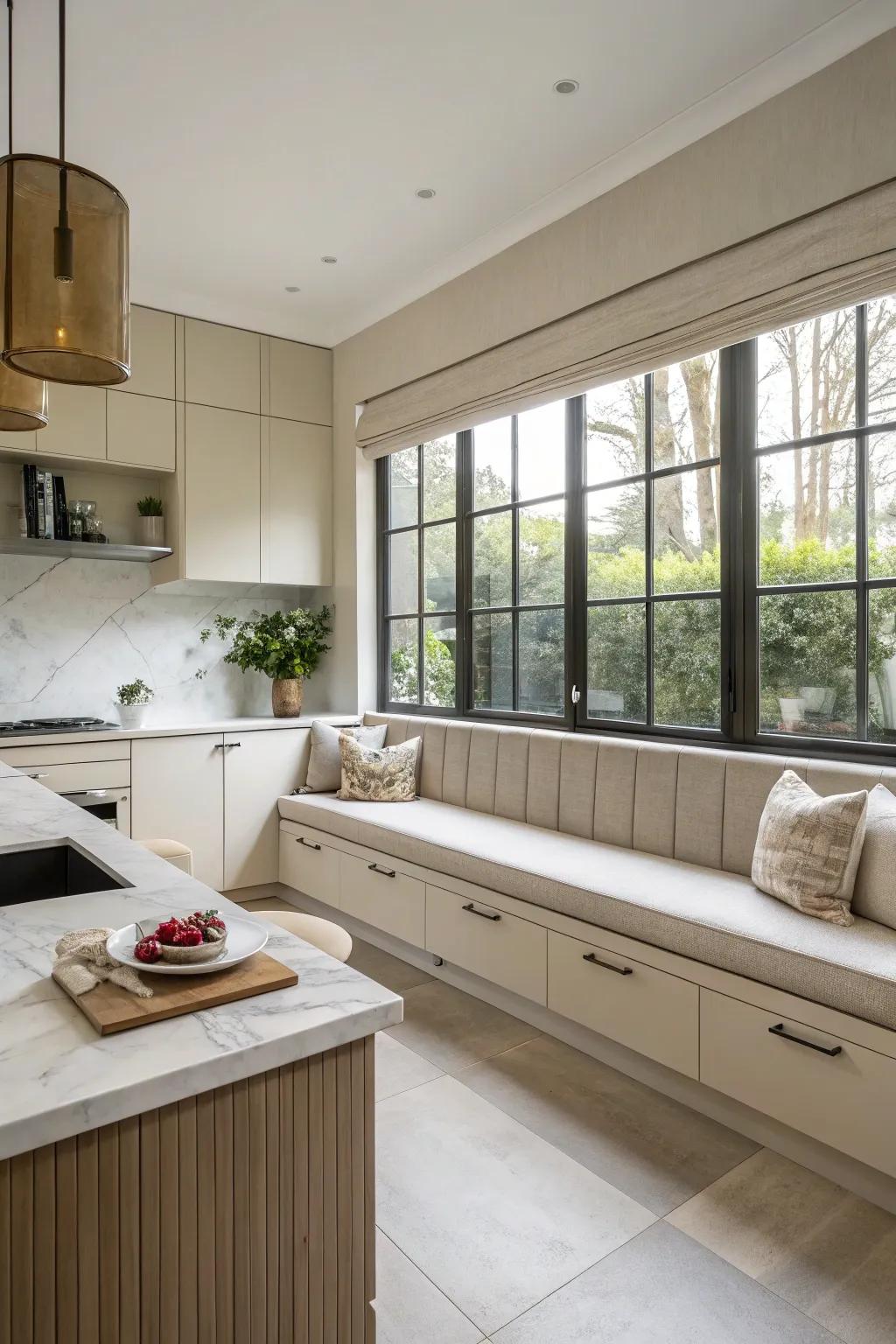 A modern, minimalist banquette design for refined kitchen interiors.