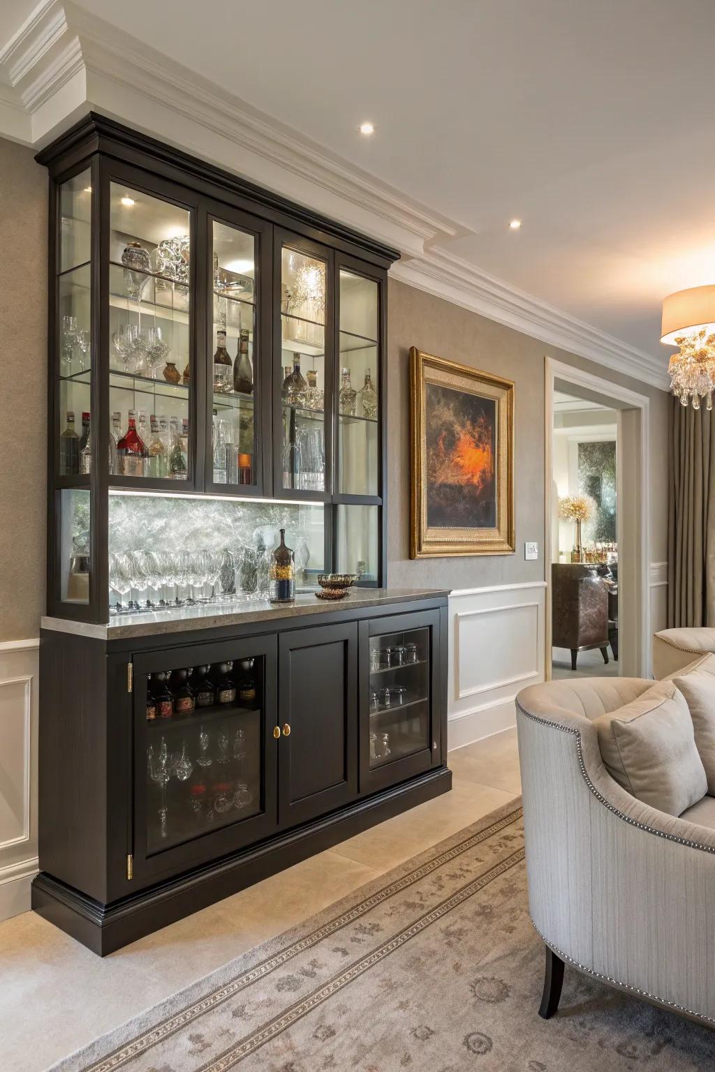 Glass-front cabinets introduce sophistication and class to any home bar.