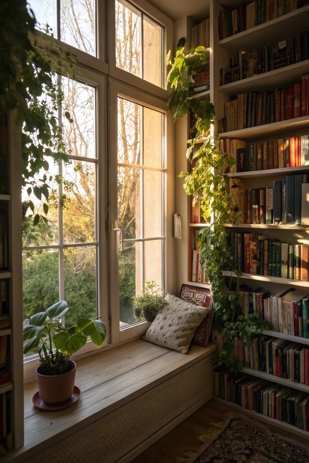 Bookshelves framing windows beautifully blend light and literature.