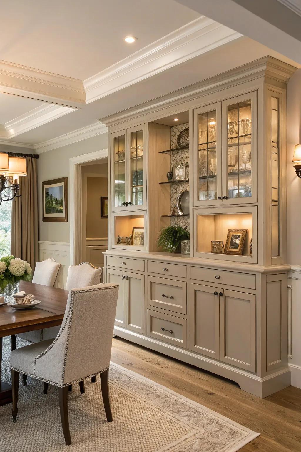 Dining room showcasing timeless built-in cabinets in gentle hues.