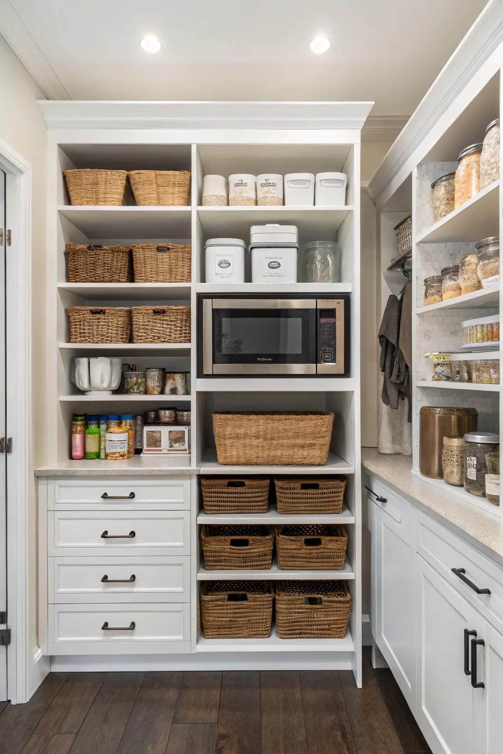 A wave oven neatly fitted into a spacious pantry.