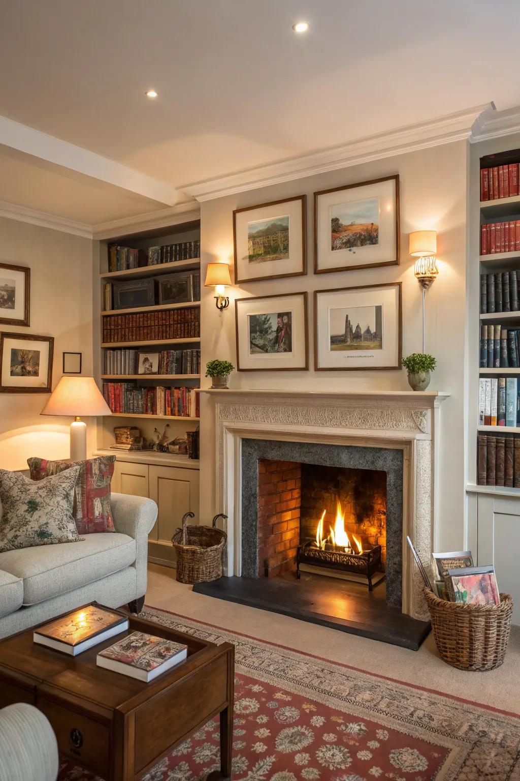 Shelving that is open around the fireplace beautifully displays personal collections.