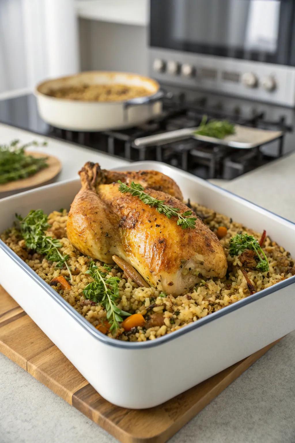 A satisfying chicken and rice bake, ideal for a nourishing family dinner.