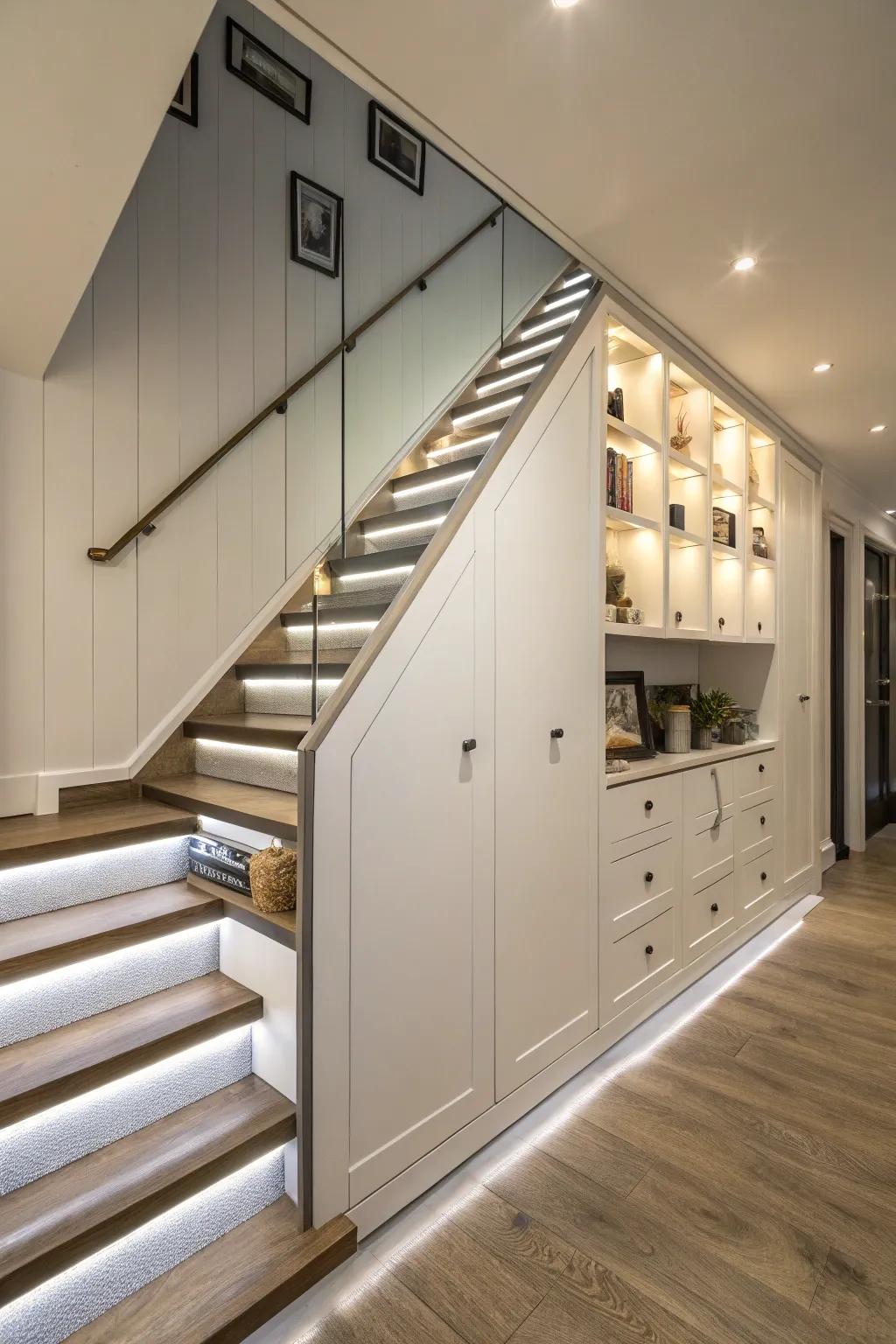 Practical storage ideas for stair bulkheads.