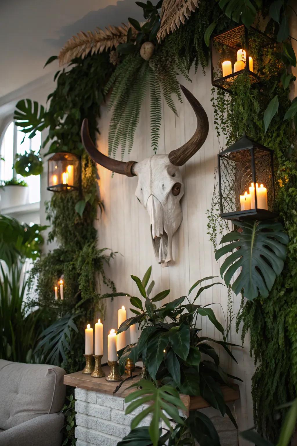 Wall decoration setup including a cow skull.