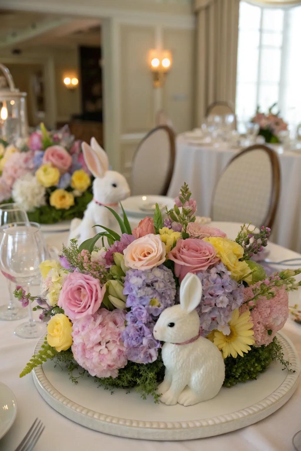 Rabbit floral table adornments bring charm to the table setting.