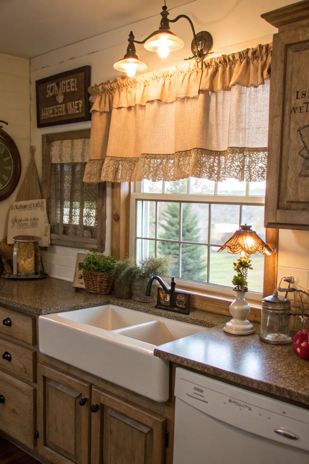 Countryside coziness delivered via a hessian valance in the cooking area.