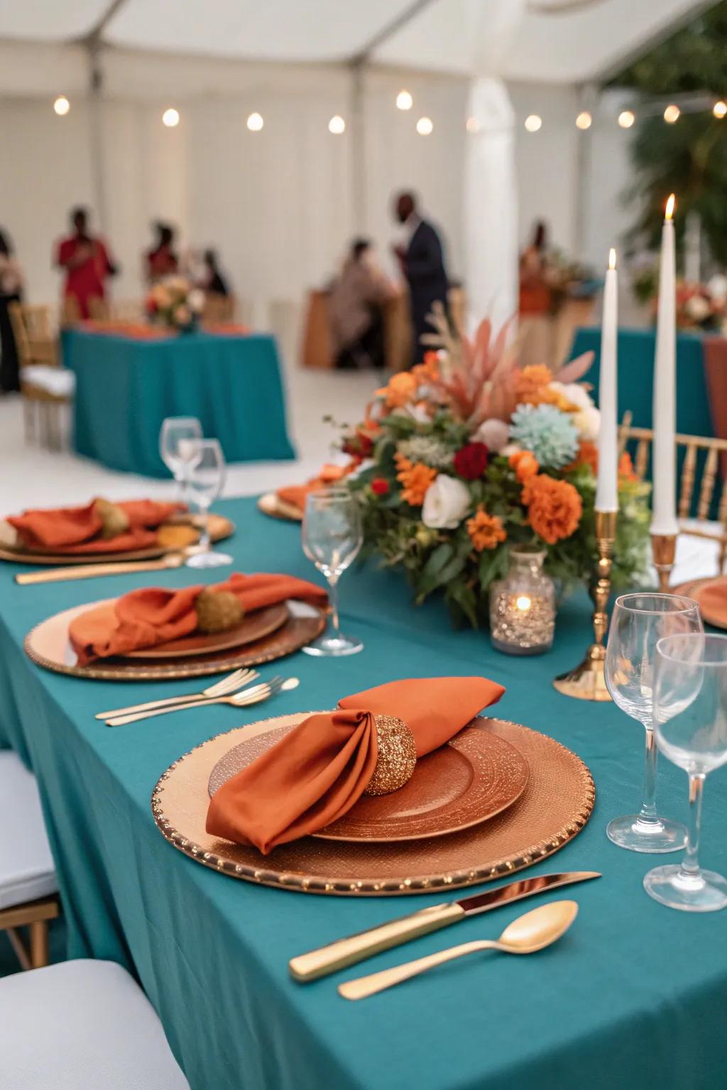 A sophisticated table display showcasing cerulean and rust orange.