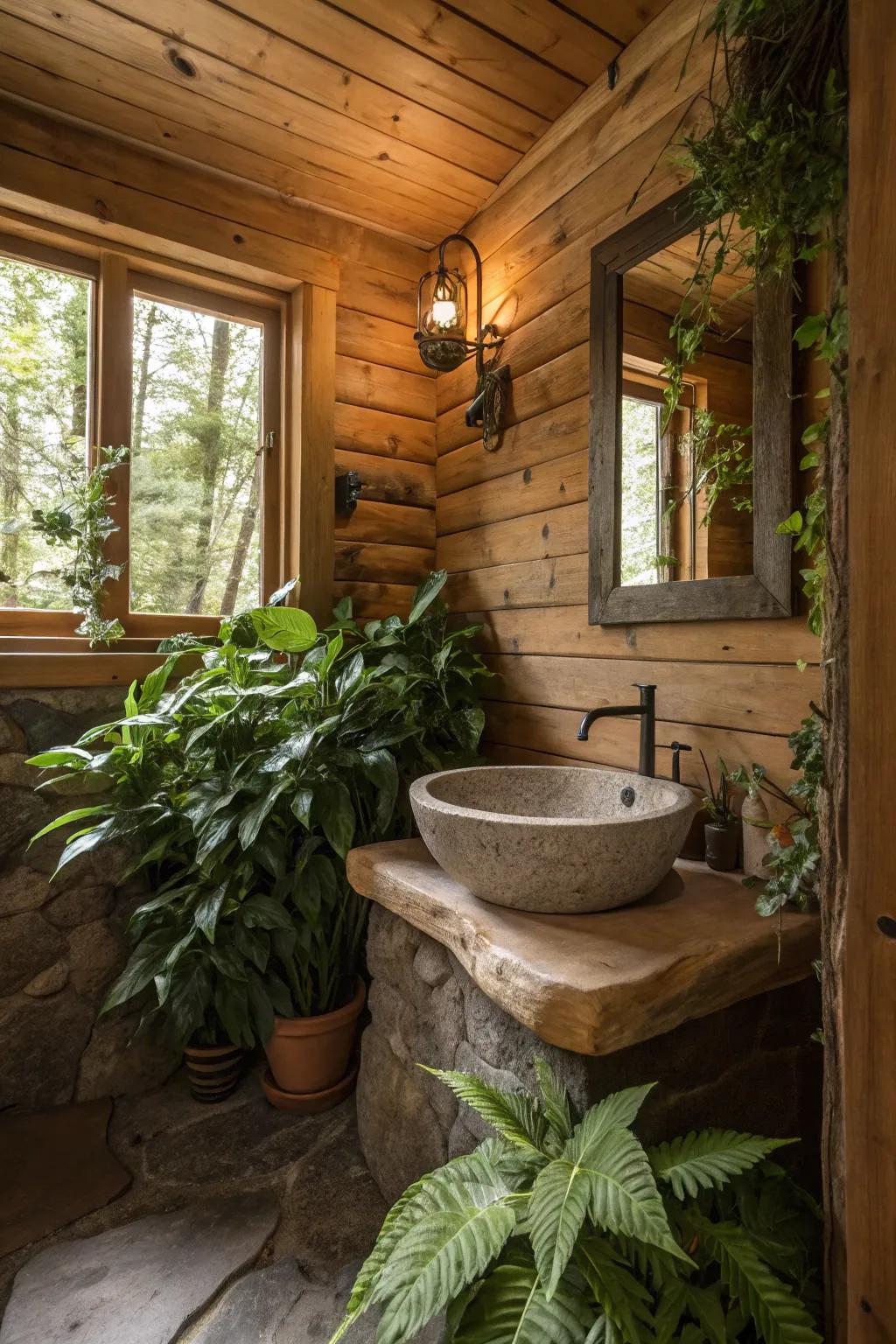 A cabin bathroom emphasizing plants and a stone vessel basin to provide a natural impression.