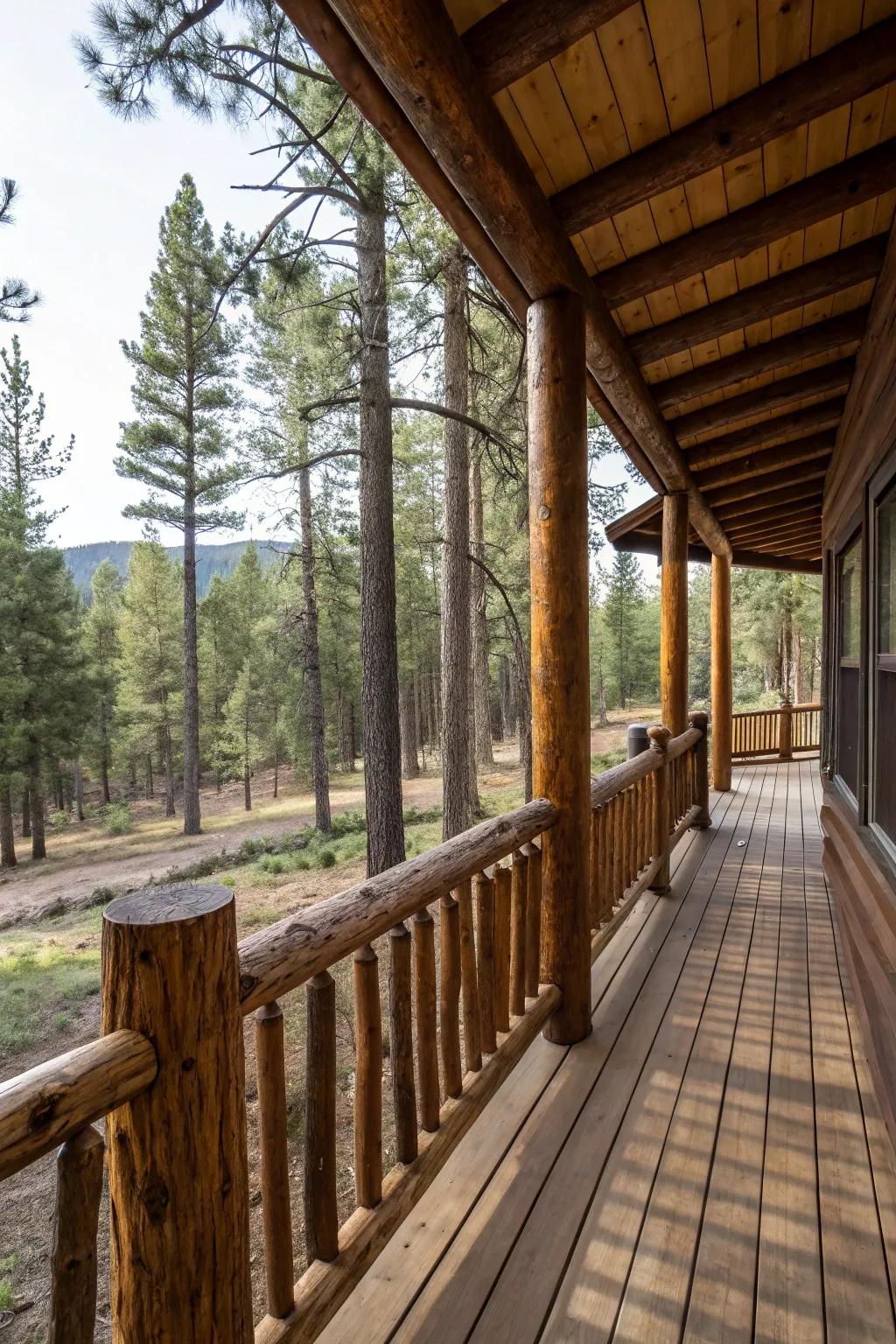 <strong><em>Rustic log railings</em></strong> providing safety and elegance.” loading=”lazy” class=”pimg”>
	</picture><figcaption><strong><em>Rustic log railings</em></strong> providing safety and elegance.</figcaption></figure>
<p>Impart a fragment of timeless cabin fascination with <strong><em>rustic log railings</em></strong>. These enhance the visual allure and ensure safety without impeding your vista.</p>
<h3>These products might be useful:</h3>
<ul class=