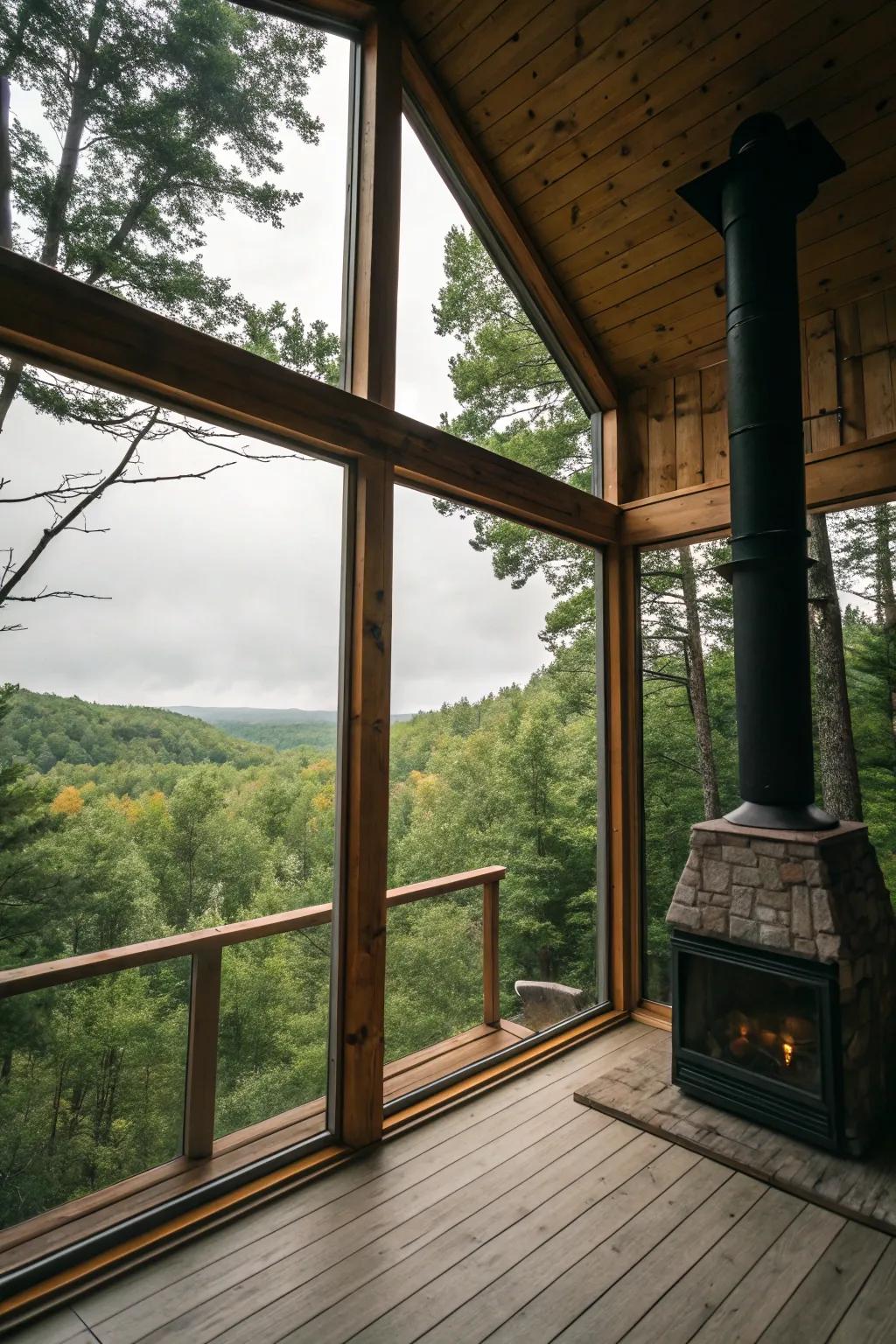 Cabin featuring expansive windows showcasing forest views