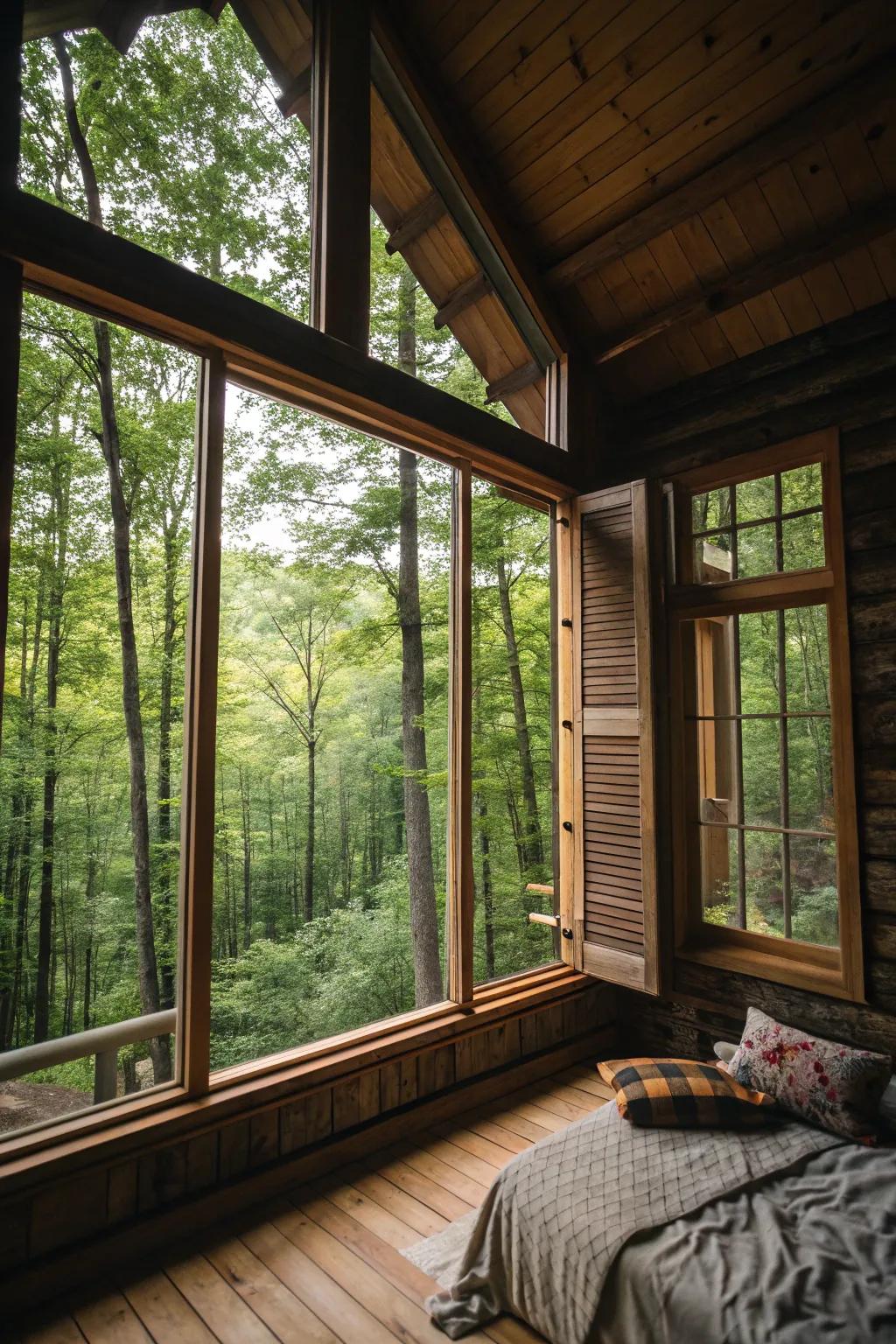 Large windows beautifully connect the cabin interior with the surrounding nature.