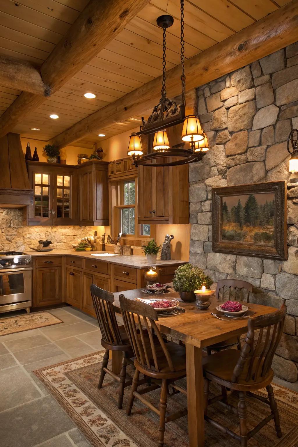 Mellow, gentle illumination enriches the welcoming vibe of a cabin kitchen.