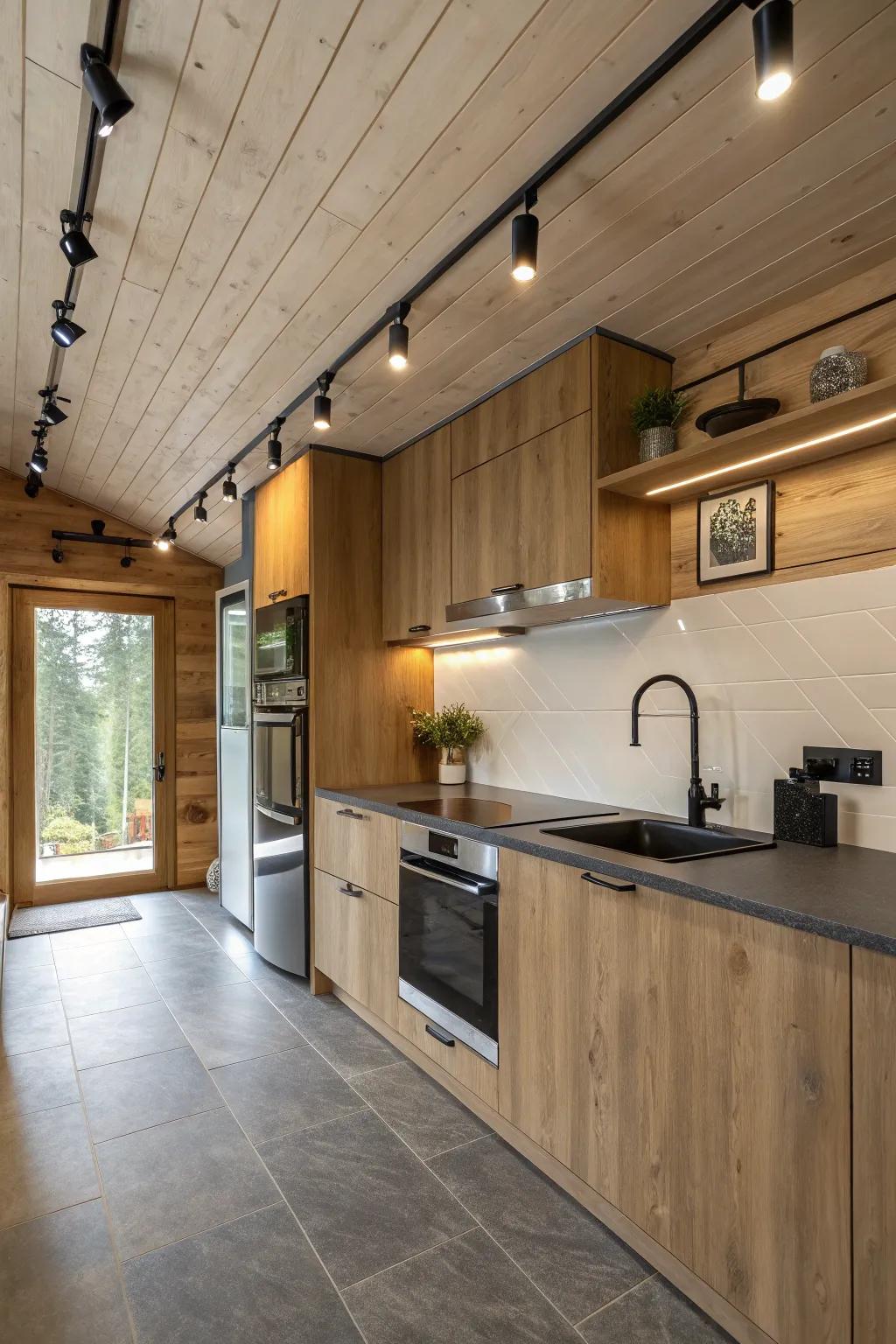 A contemporary cabin kitchen area with smooth rail lighting for a trendy and functional look.