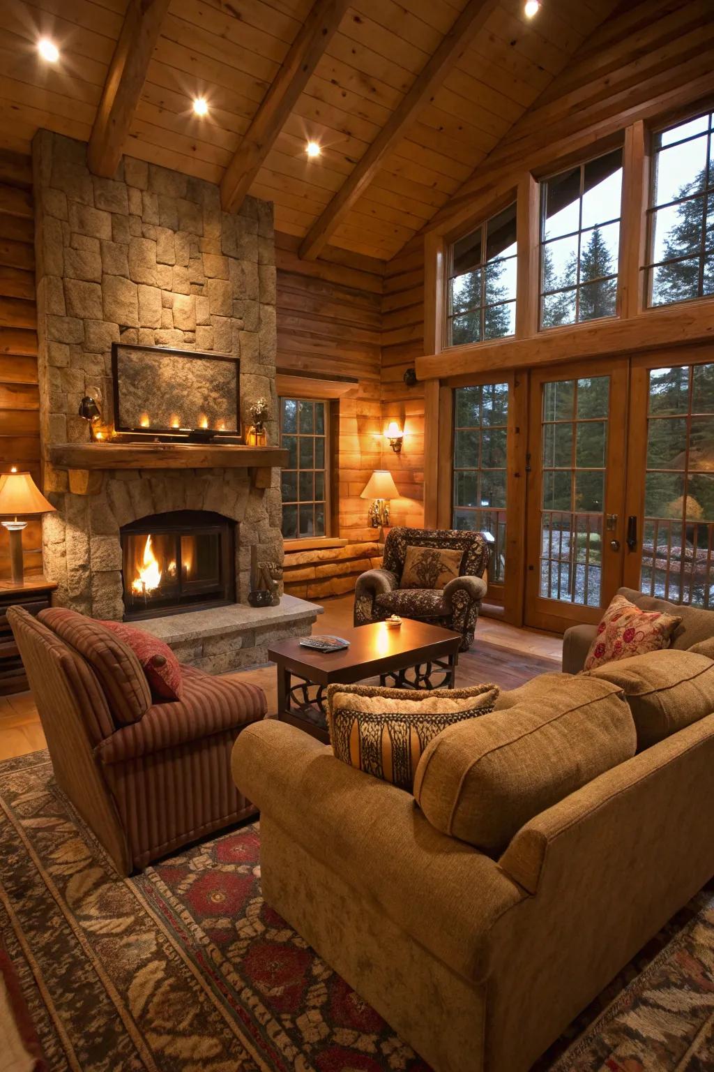 Comfortable seating in organic colors creates an inviting cabin space.