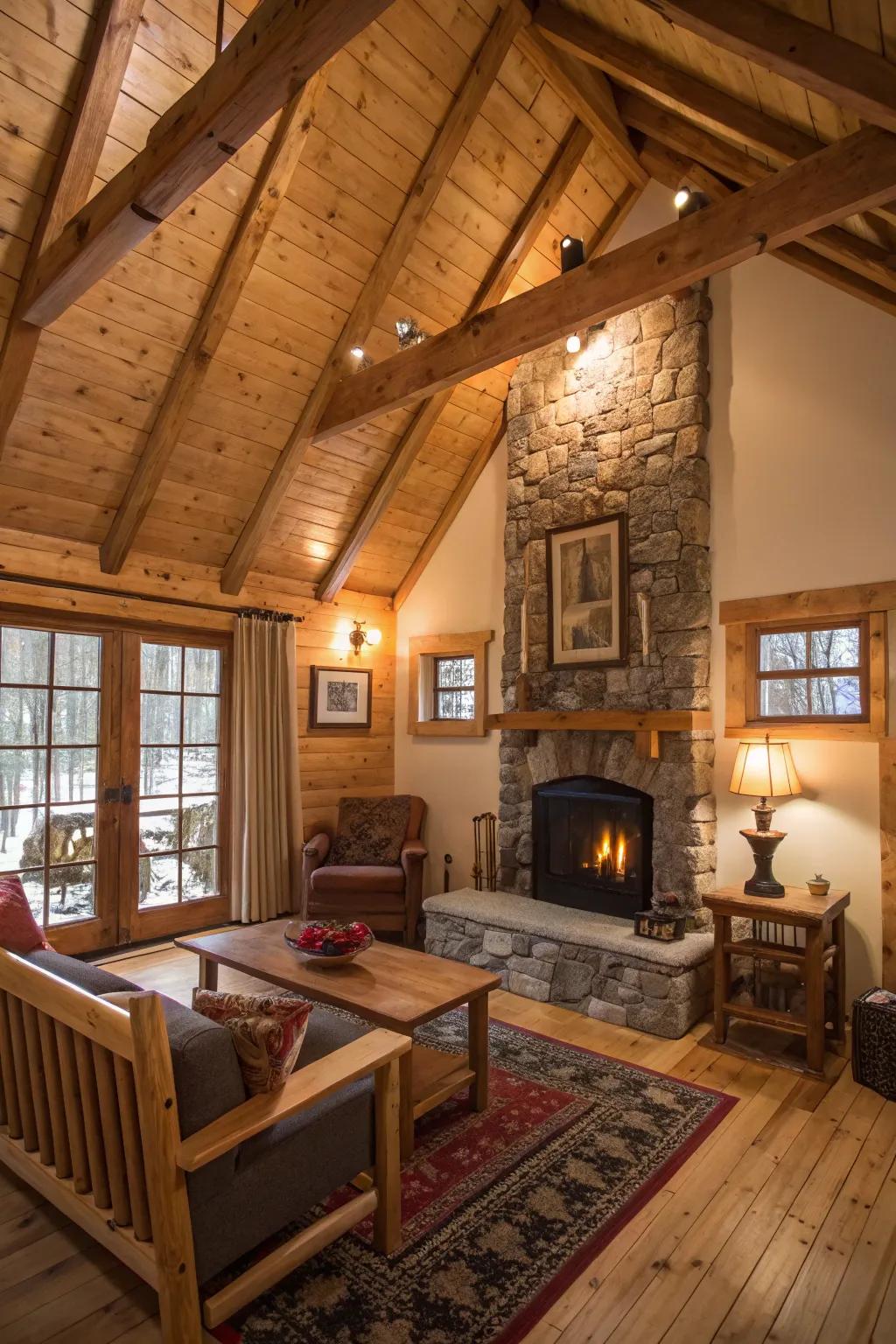 Exposed beams infuse a rustic appeal into this bright cabin setting.
