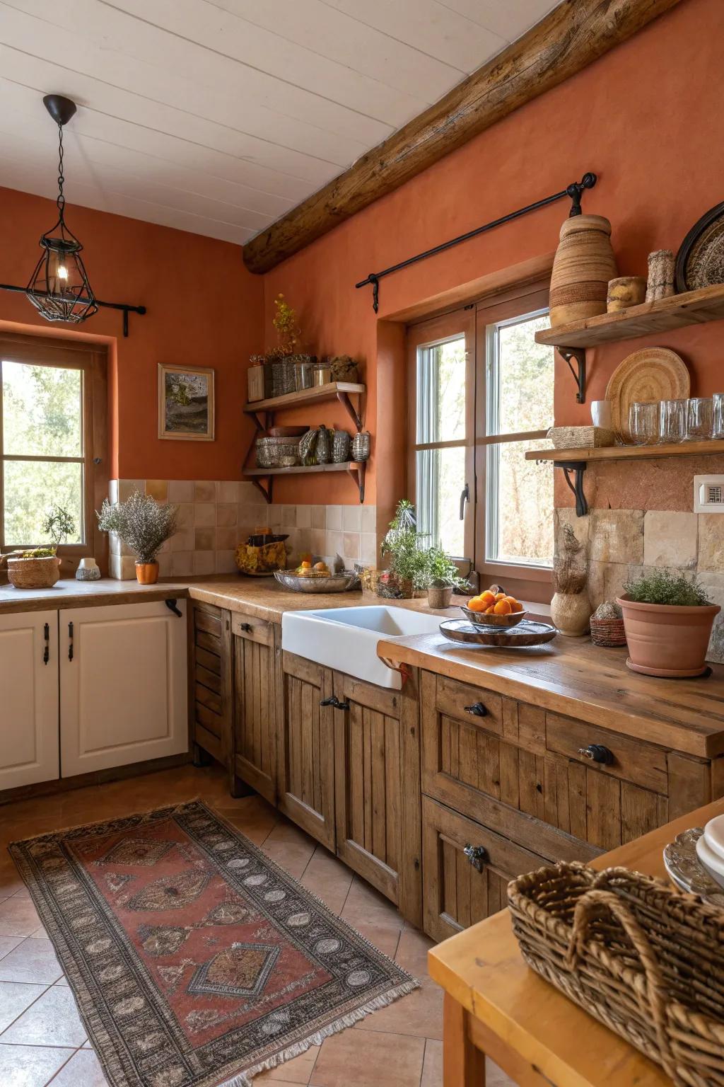 A culinary space featuring warm terracotta walls heightening the comforting atmosphere.