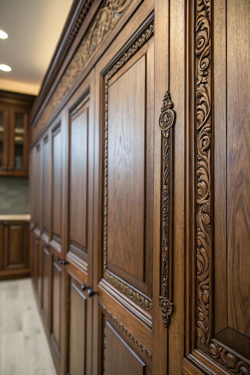 Wood detail upgrades the elegance of these cabinet doors.